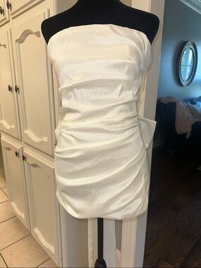 Strapless White Ruched Mini Dress, taffeta type material